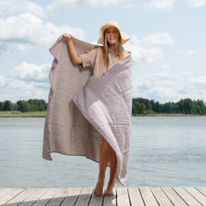 Striped violet linen beach towel, large size