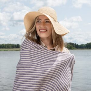 Striped violet linen beach towel, pure linen