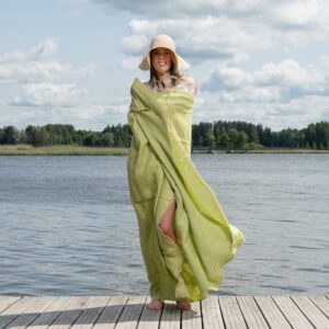 Green checked linen beach towel, lightweight specially washed fabric