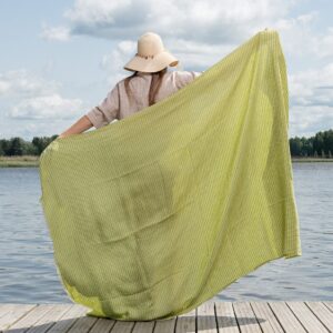Green checked linen beach towel, large size