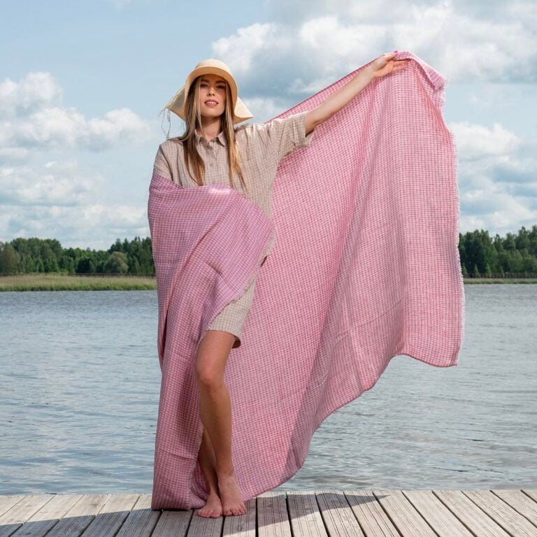 Lilac checked linen beach towel
