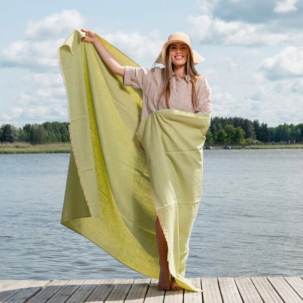 Green and yellow herringbone linen cotton beach towel