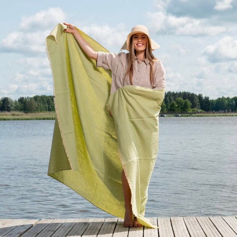 Green and yellow herringbone linen cotton beach towel