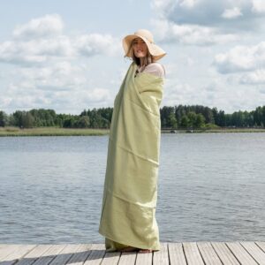 Green and yellow herringbone linen cotton beach towel, specially washed fabric