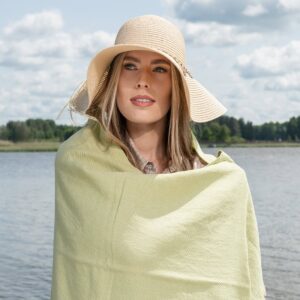 Green and yellow herringbone linen cotton beach towel, with short fringe