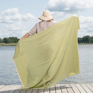 Green and yellow herringbone linen cotton beach towel, large size