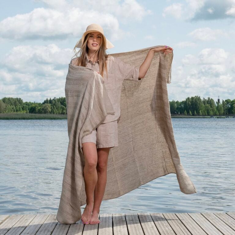 Linen beach towel in sand colour stripes
