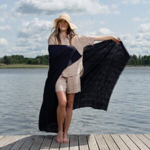 Linen beach towel in black-blue stripes