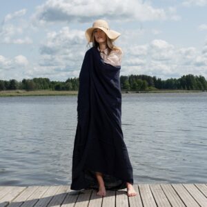 Linen beach towel in black-blue stripes, 100% linen