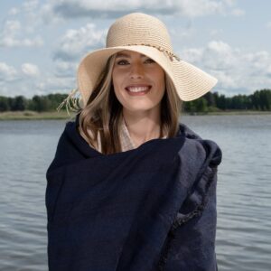 Linen beach towel in black-blue stripes, specially washed fabric