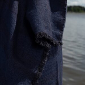 Linen beach towel in black-blue stripes, with fringe