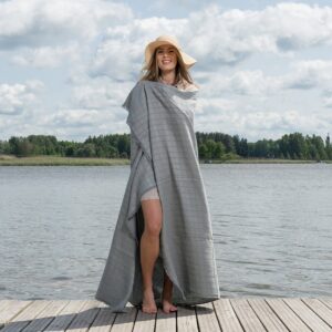 Linen beach towel in blue-grey checks, specially washed fabric