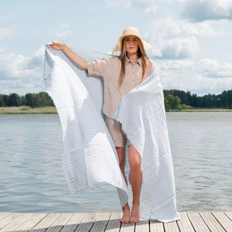 Linen beach towel in yellow and blue stripes