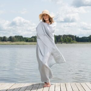 Linen beach towel in yellow and blue stripes, lightweight specially washed fabric