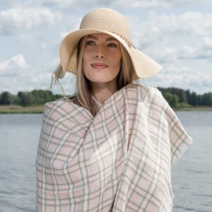 Linen beach towel in pink checks, specially washed fabric