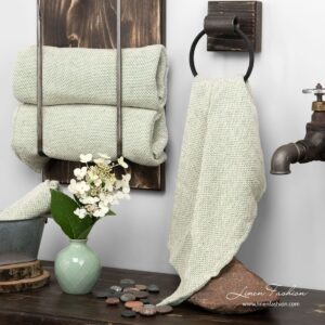 Linen towel white green honeycomb pattern