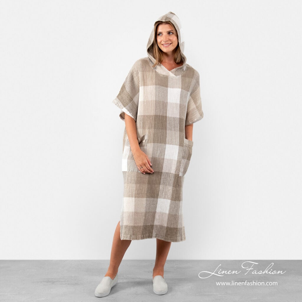 BINGO Poncho sand 1 Linen poncho towel with gray checks | Linen Fashion