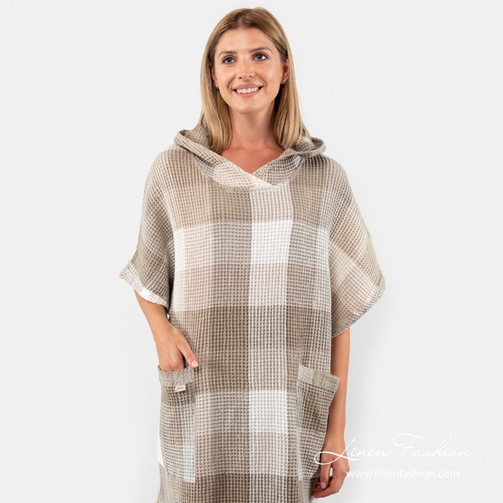 BINGO Poncho sand 3 Poncho towel sewn from waffle pattern linen cotton fabric