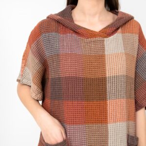 Brown linen poncho, checked waffle fabric