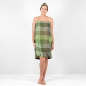 linen green wrap towel.