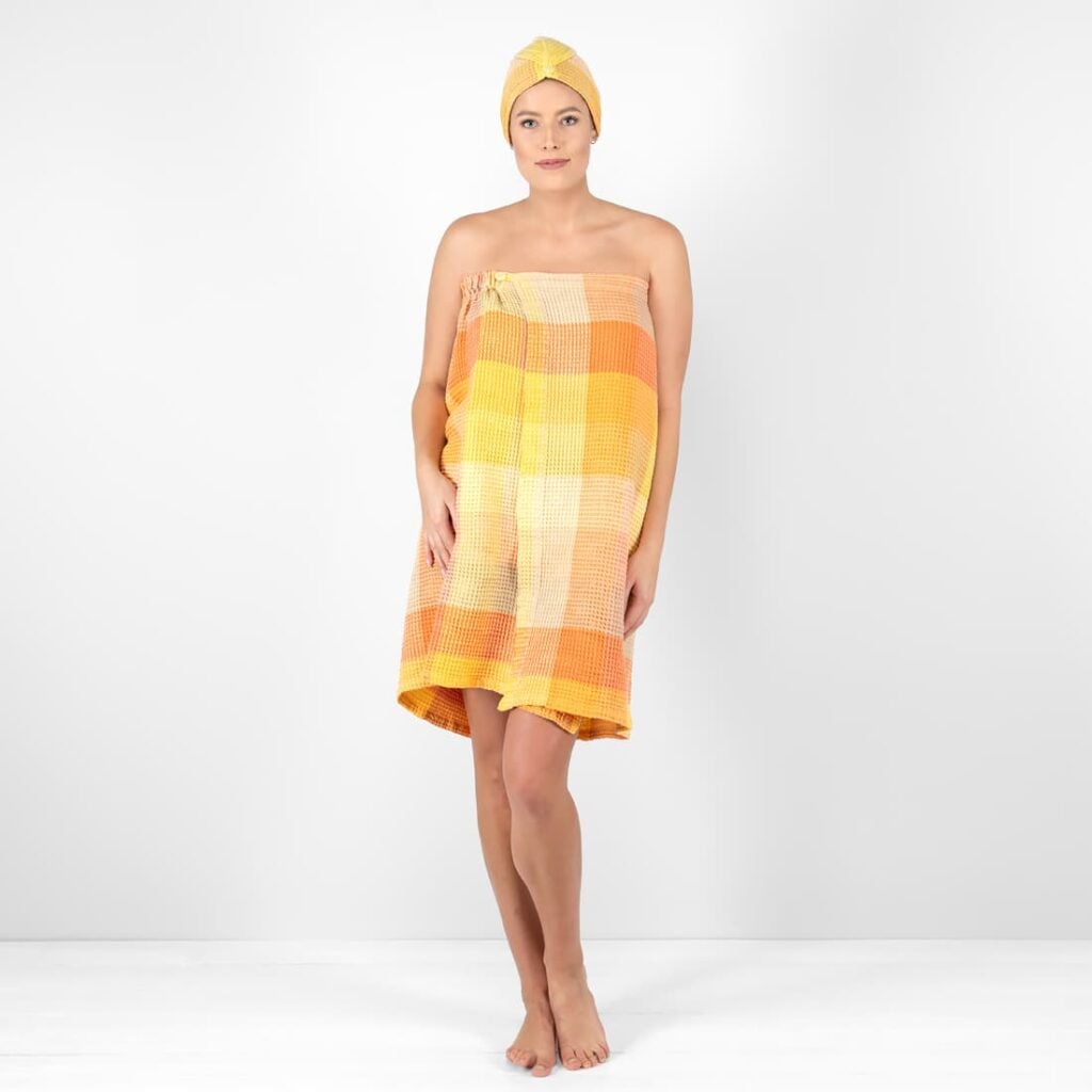 BINGO Omslagshåndkle oransje 1 orange linen wrap towel, waffle structure.