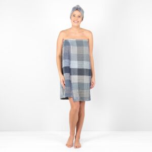 BINGO Omslagshåndkle blågrå 12 blue grey linen wrap towel, waffle structure.