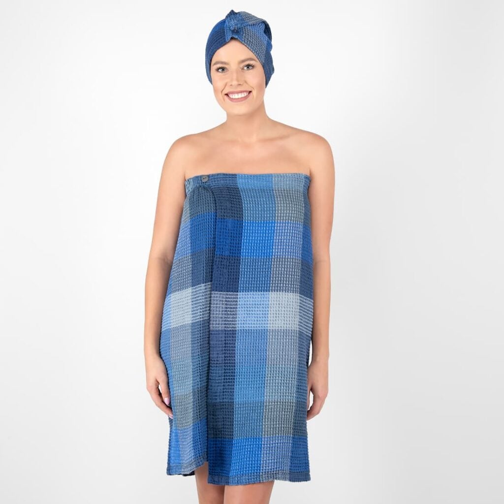 BINGO Omslagshåndkle blå 3 blue linen wrap towel bingo waffle structure.