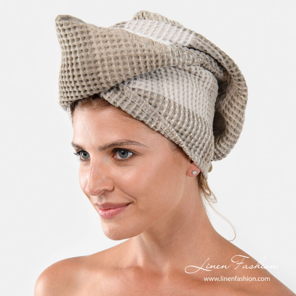 BINGO Hårturban sand 1 Linen hair towel - turban with brownish grey checks
