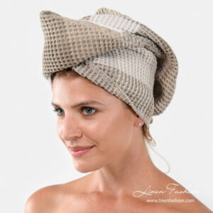 BINGO Hårturban sand 4 Linen hair towel - turban with brownish grey checks