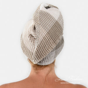 BINGO Hårturban sand 5 Linen hair towel turban with checks, button on the back