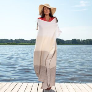 POSITANO Strandhåndkle brun 8 Brown linen beach towel with wide stripes