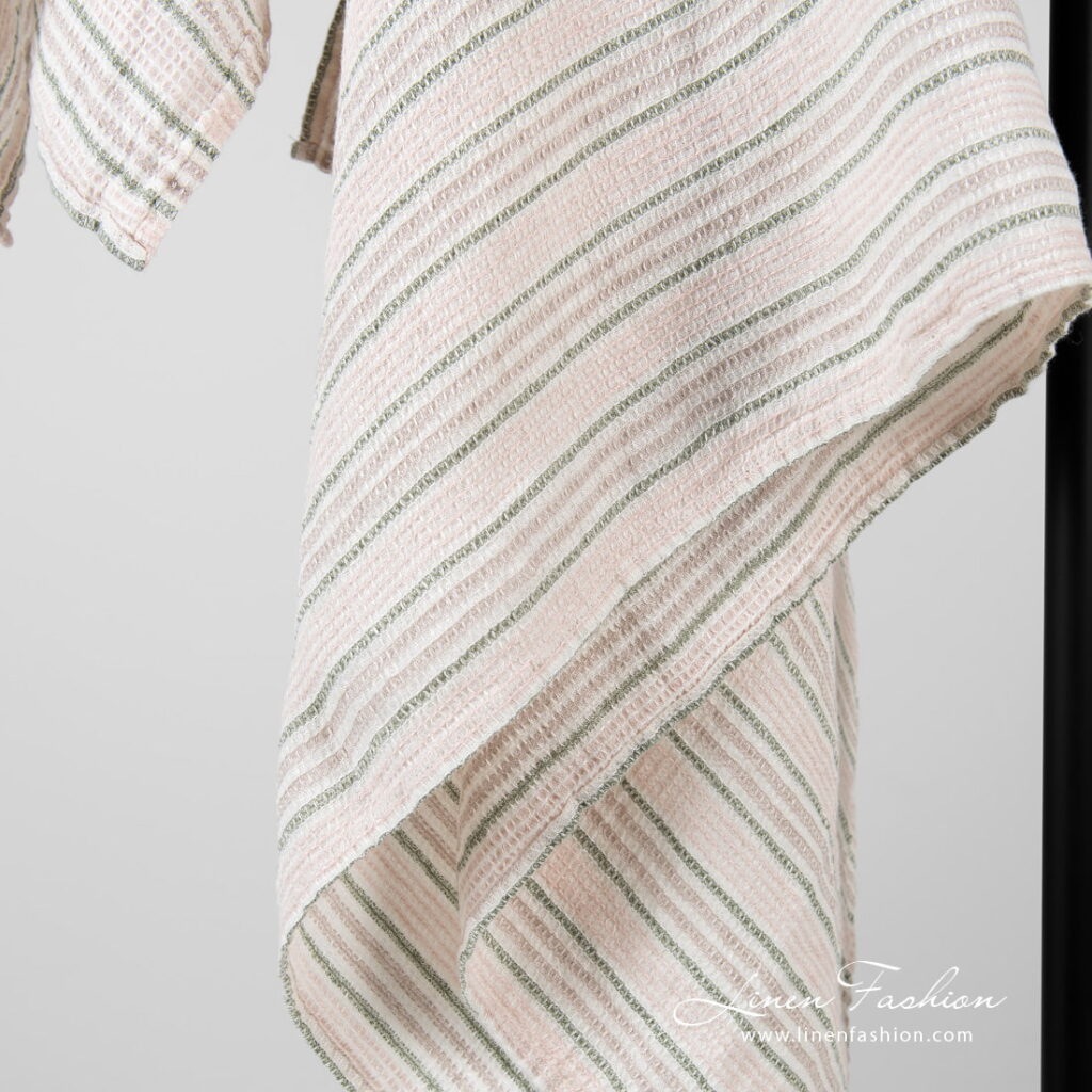 DOVERI Badehåndkle rosa 3 Linen pink waffle bath towel with stripes grey, green, pink.