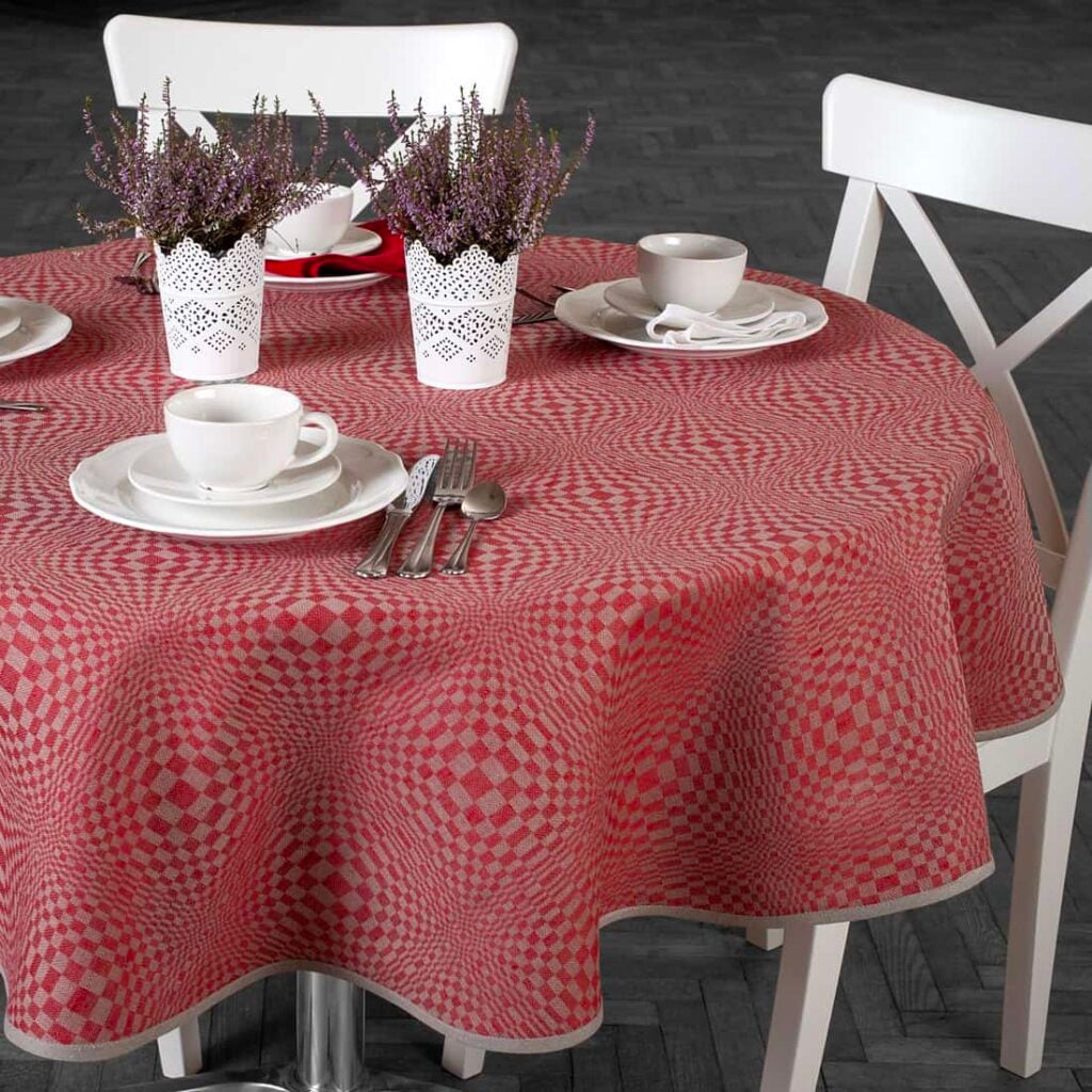 Red and natural check oval linen cotton tablecloth
