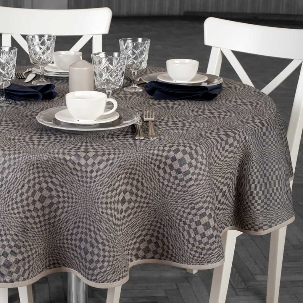 Dark blue and natural check oval linen cotton tablecloth
