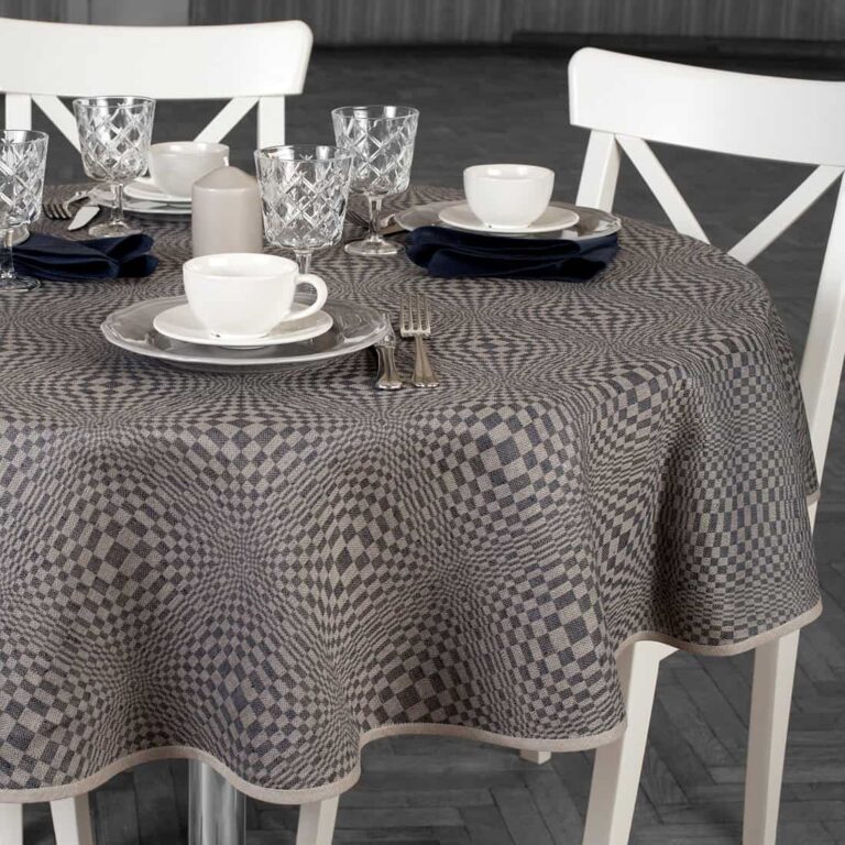 Dark blue and natural check oval linen cotton tablecloth