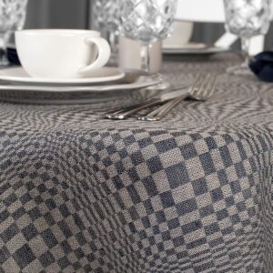 Dark blue and natural check oval linen cotton tablecloth