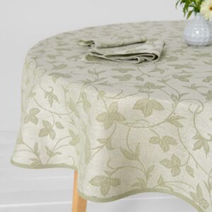 Round/oval linen cotton green floral tablecloth, floral vine pattern