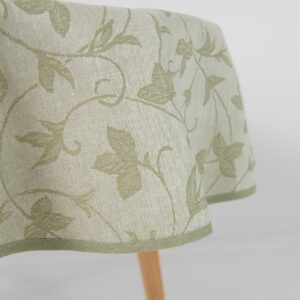 Round/oval linen cotton green floral tablecloth, with green piping