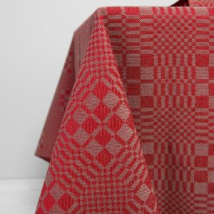 Linen cotton checked red tablecloth, twill weave