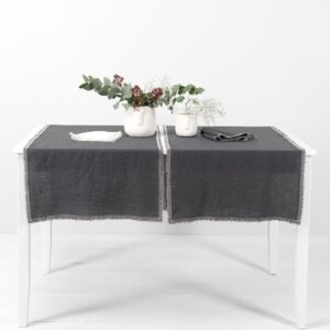 grey linen runner with decorative stitch