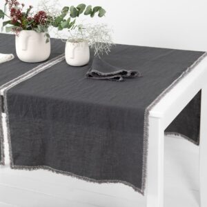grey linen runner with decorative stitch, washed