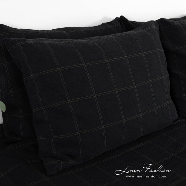BOSKA linen cotton pillow case in black color, with green checks