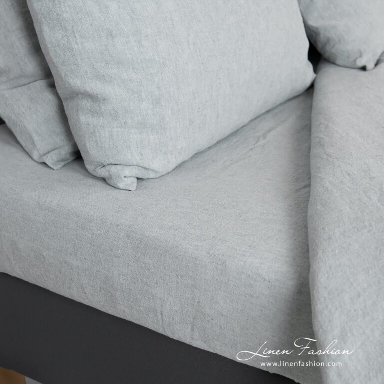 linen cotton blue grey bedlinen, fitted and flat sheets.