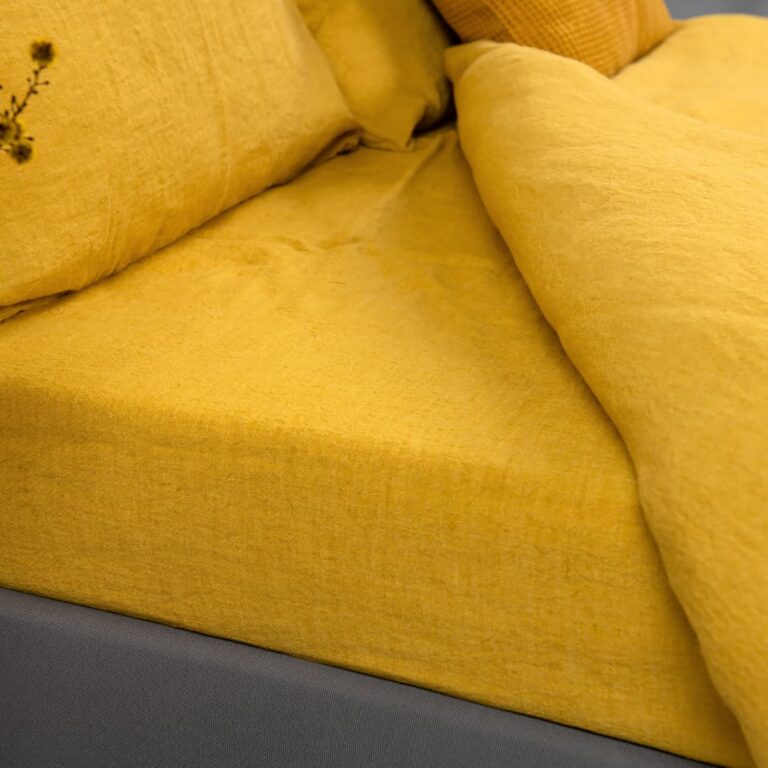 mustard yellow linen sheets, fitted & flat
