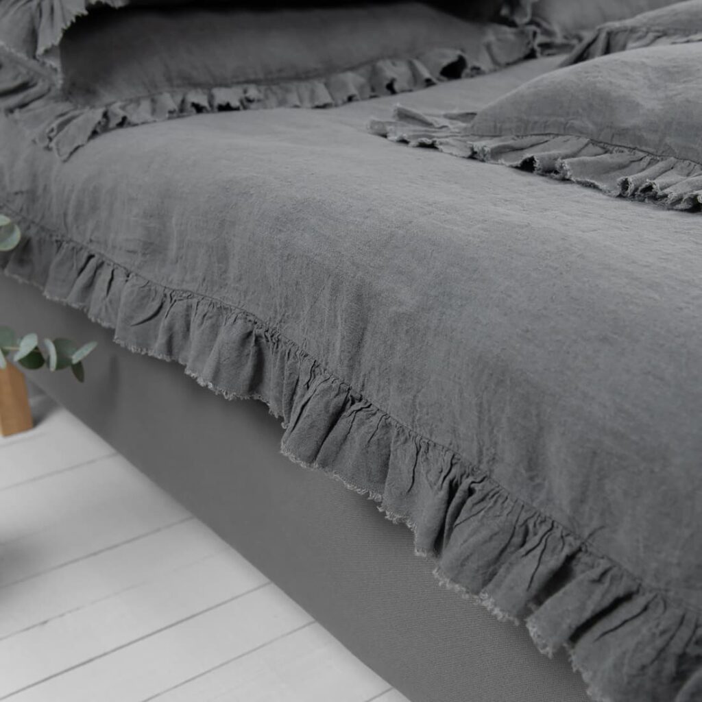 provance dark grey duvet cover with ruffles, washed