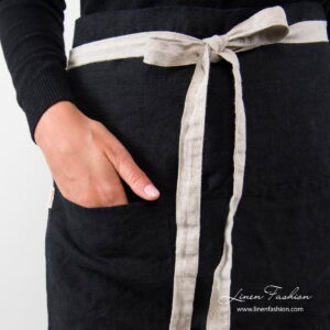 Black linen apron with flax ribbons