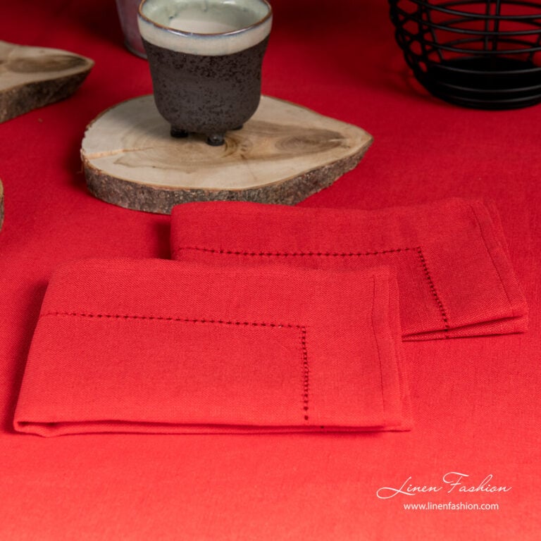 Red linen napkin with hemstitch