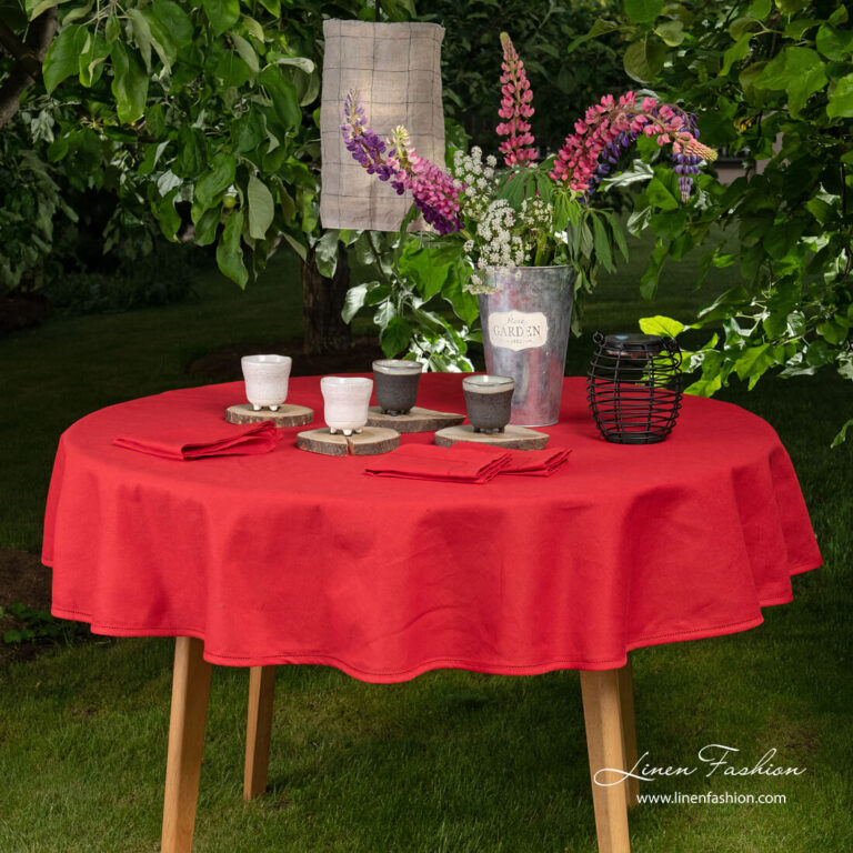 Round (oval) red linen tablecloth with hemstitch