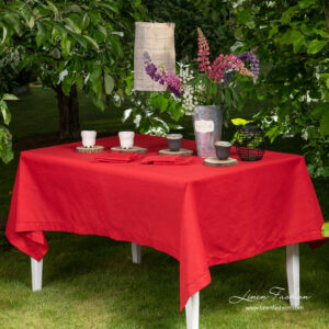 Red linen tablecloth with hemstitch