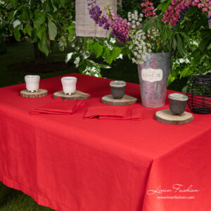 Red linen blend tablecloth with 4cm border and hemstitch